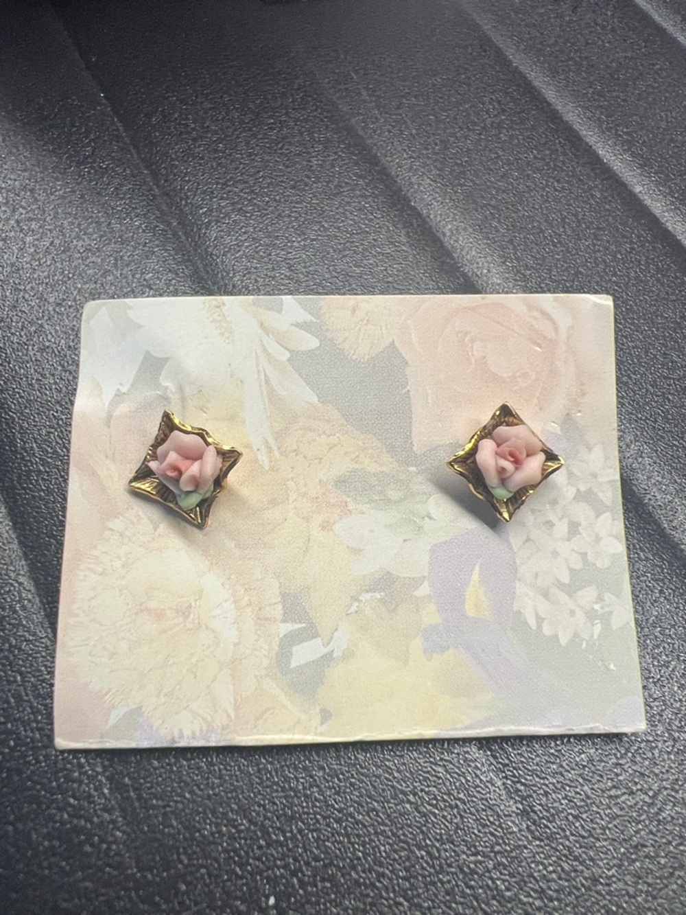 Porcelain Pink Rose Stud Earrings in Gold-Tone Frame